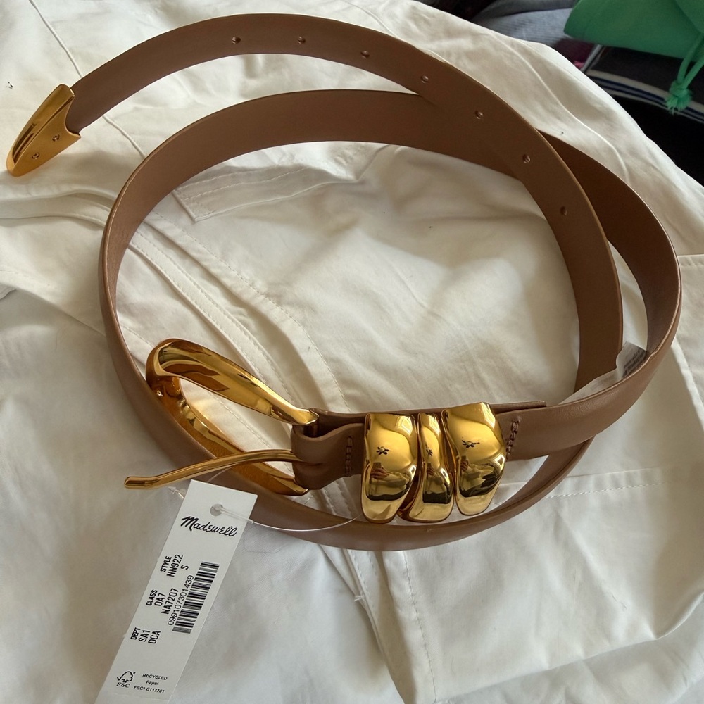 Madewell Tan Leather Belt with Gold Buckle and Triple Keeper - Picture 3 of 6